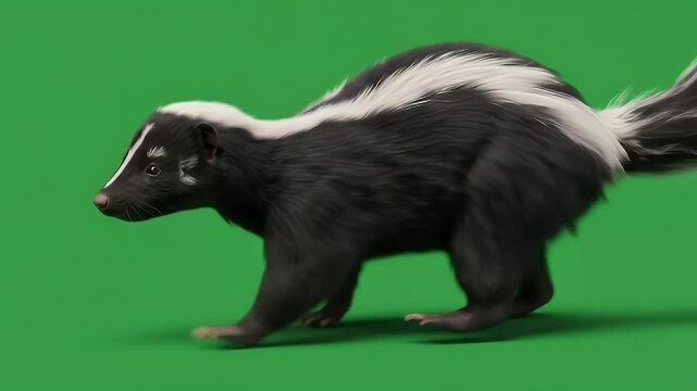 Skunk Running on Green Screen, Wildlife Animal