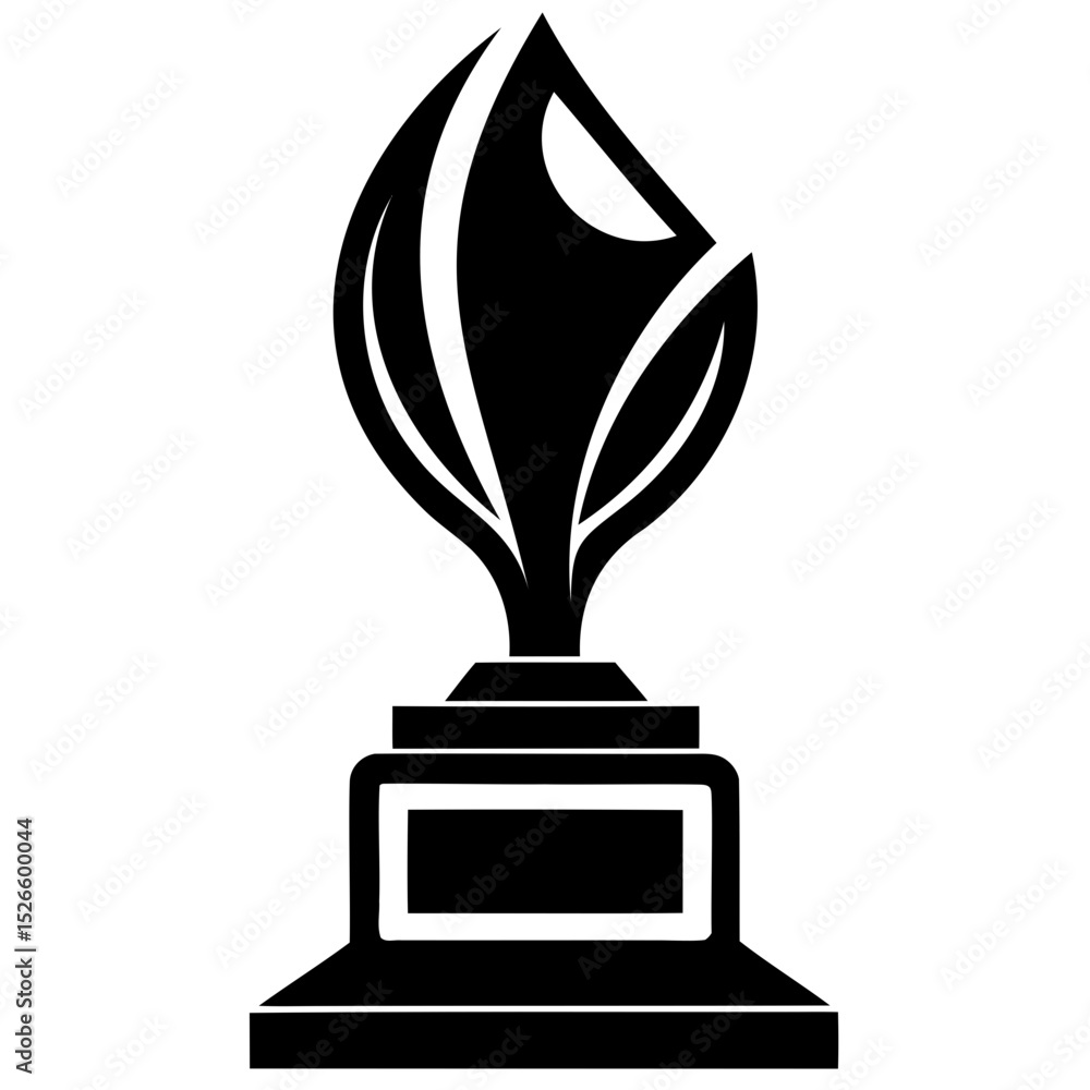 Poster illustration of a black trophy with a leaf-like design on a rectangular base on transparent backgrou