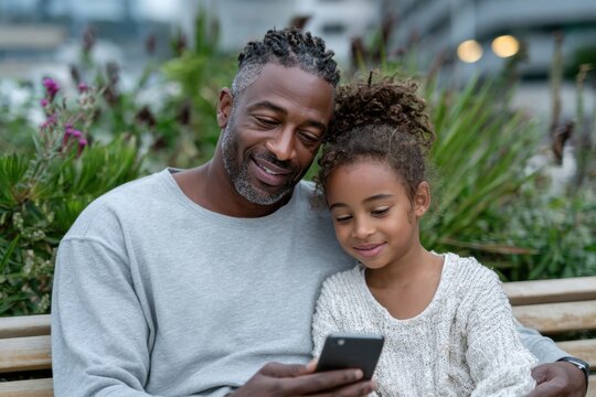 In a vibrant garden, a smiling father and his daughter share an engaging moment, looking at a smartphone together, illustrating the bond between parent and child in a lively setting.