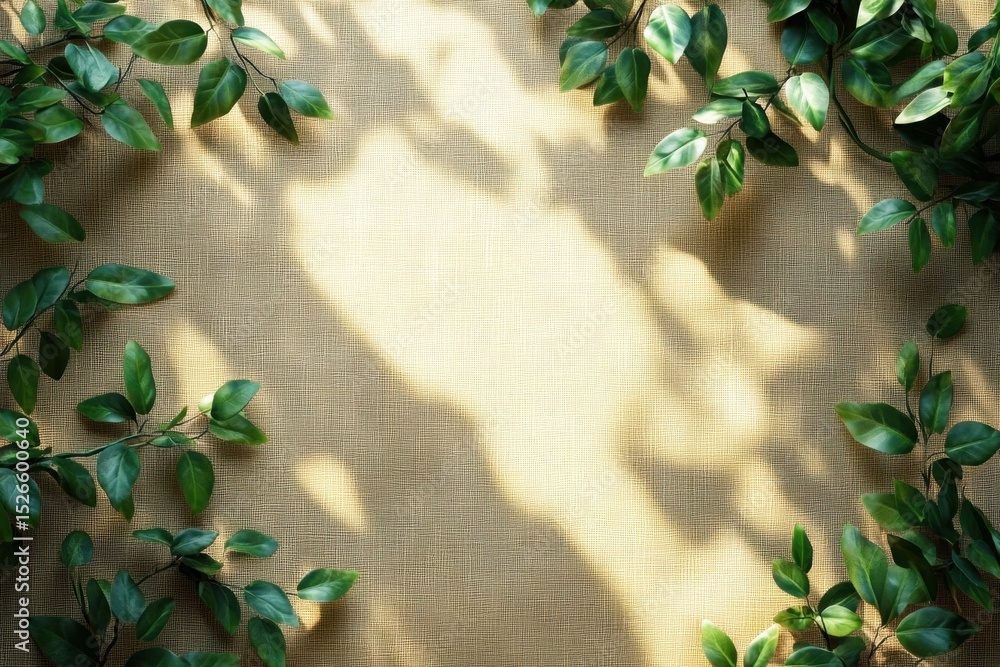 Poster lush green leafy border with soft shadow effects on natural texture background for elegant and seren