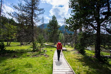 Young hiker woman in Vall de Boi, Aiguestortes and Sant Maurici National Park, Spain