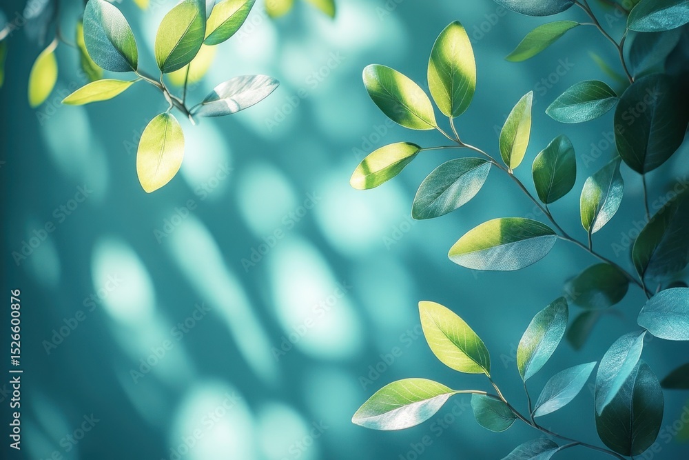 Poster lush green leaves with soft natural light creating a tranquil ambience on a subtle turquoise backgro