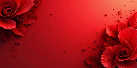 Red floral background with blooming flower and delicate petals. Concept of love and romance for Valentine's Day or wedding invitation.