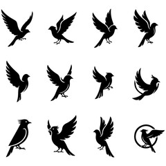 set of silhouettes of birds high quality editable flowing, liquid-like ink drops