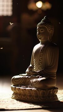 serene stone buddha statue meditating on an intricately patterned mat indoors, golden hour sunlight casts dappled shadows. dark blurred background with soft bokeh, slow dolly in video. profound
