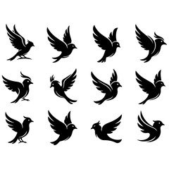 Set of modern minimalist vector birds in mid-flight, a well editable collection