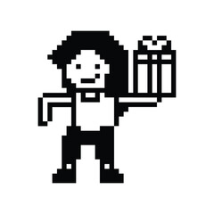 Obraz premium Cute pixel cartoon 8bit character woman give gift box birthday christmas bonus reward surprise decoration 8 bit female girl give gift box shopping bonus christmas day game png vector.