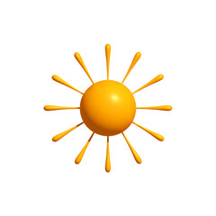 Bright Sunny 3D Sun Icon with Long Droplet Rays, Isolated on White. Happy Childish Logo for Vacation, Summer Fun, or Renewable Solar Energy Projects. Vector Illustration.