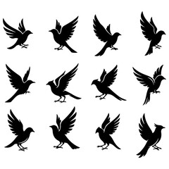 Set of artistic bird silhouettes with beautiful, high quality editable abstract wings