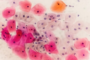 High-resolution cytology slide of cervical epithelial cells infected with human papillomavirus (HPV), stained in vivid shades of pink, purple, and orange for microscopic analysis. 