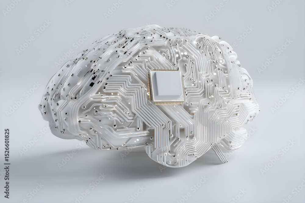 Poster white artificial intelligence brain with microchip processing data