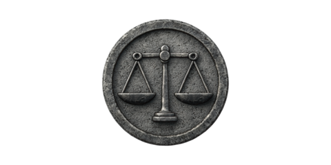 Scales Of Justice Emblem Stone Texture. Symbol Of Law, Fairness, And Equality Isolated On Transparent Background