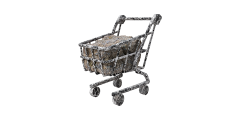 Shopping Cart Filled With Concrete Block. Symbolizes Burden And Economic Challenges Isolated On Transparent Background