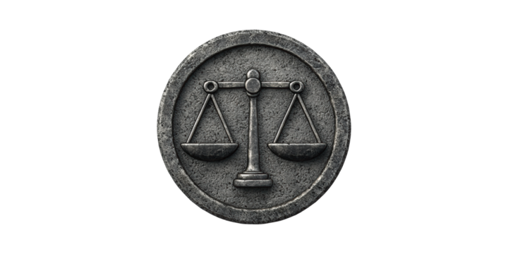 Scales Of Justice Emblem Stone Texture. Symbol Of Law, Fairness, And Equality Isolated On Transparent Background