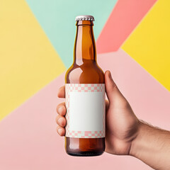 A realistic mockup of a brown glass beer bottle being held in a human hand. The bottle has a blank white label and neck tag with a transparent checker pattern, as if ready for branding.