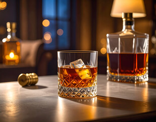 Classic Whiskey Glass with Ice Cubes &ndash; Premium Aged Whiskey on Wooden Table