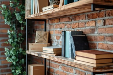 Stylish Shelving Rack Displaying Books and Boxes in a Chic Apartment with Exposed Brick Wall