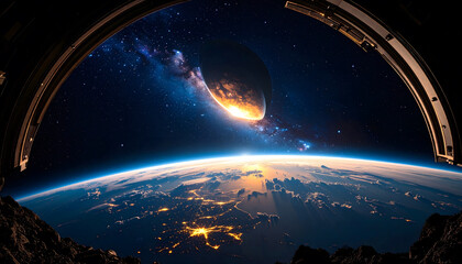 Futuristic spacecraft interior with panoramic view of Earth, Moon, and stars