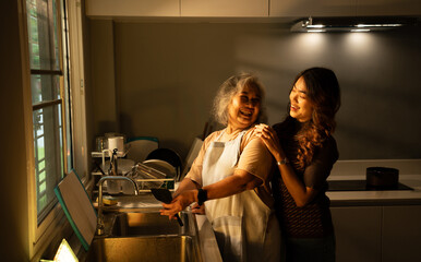 In the kitchen at home, a senior adult and their daughter cook together, sharing love and care. Their closeness strengthens their family relationship, creating lasting memories while embracing health