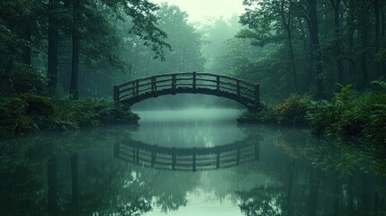 Misty wooden bridge over a tranquil pond in a lush forest