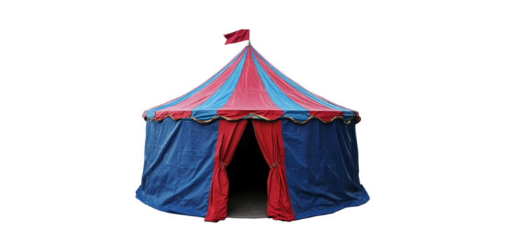 Colorful Circus Tent With Red And Blue Stripes. Entertainment And Event Venue Isolated On Transparent Background