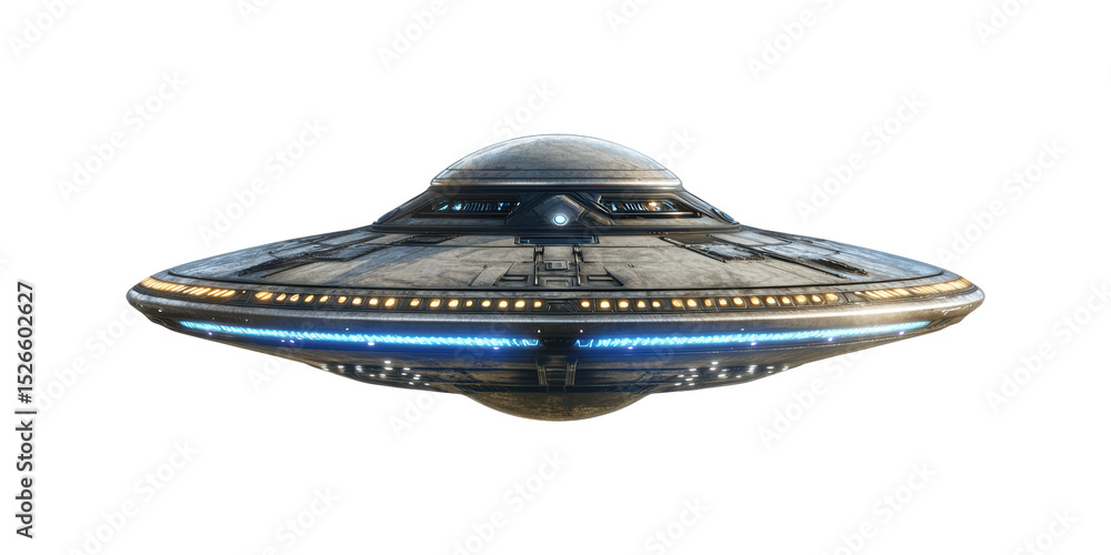 Aufkleber futuristic ufo spaceship with glowing lights. advanced alien technology and space exploration concep