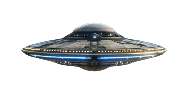 Futuristic Ufo Spaceship With Glowing Lights. Advanced Alien Technology And Space Exploration Concept Isolated On Transparent Background