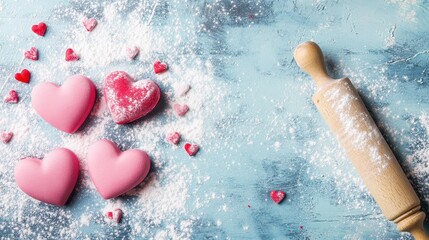 Fototapeta premium Sweet Love Treats: Valentine's Day Baking Bliss with Hearts, Rolling Pin, and Flour Dust on a Soft Blue Background