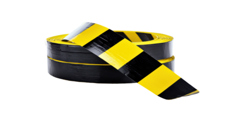 Yellow And Black Caution Tape Roll. Safety And Hazard Warning Isolated On Transparent Background