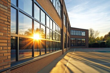 Obraz premium Sunlit School Windows: A Vibrant Evening Reflection on the School Building and Yard with a Basketball Court