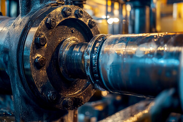 Old, dirty metal shaft covered in oil and water within a factory setting. Highlights aspects of industry, engineering, and the need for safety