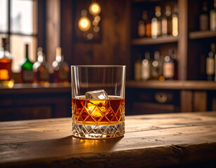 Classic Whiskey Glass with Ice Cubes – Premium Aged Whiskey on Wooden Table