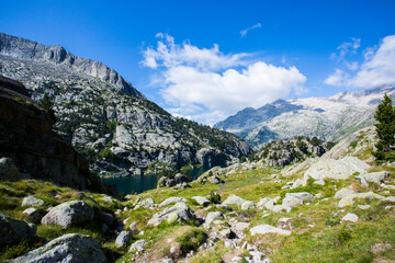 Fototapeta premium Young hiker woman in Vall de Boi, Aiguestortes and Sant Maurici National Park, Spain