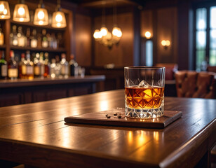 Classic Whiskey Glass with Ice Cubes – Premium Aged Whiskey on Wooden Table