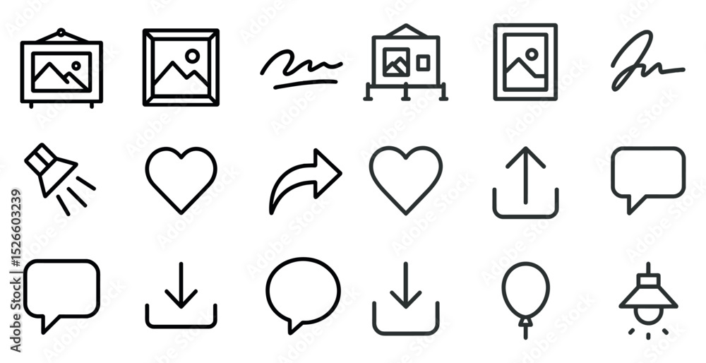 Poster simple icon set featuring frames, hearts, and communication elements for design projects