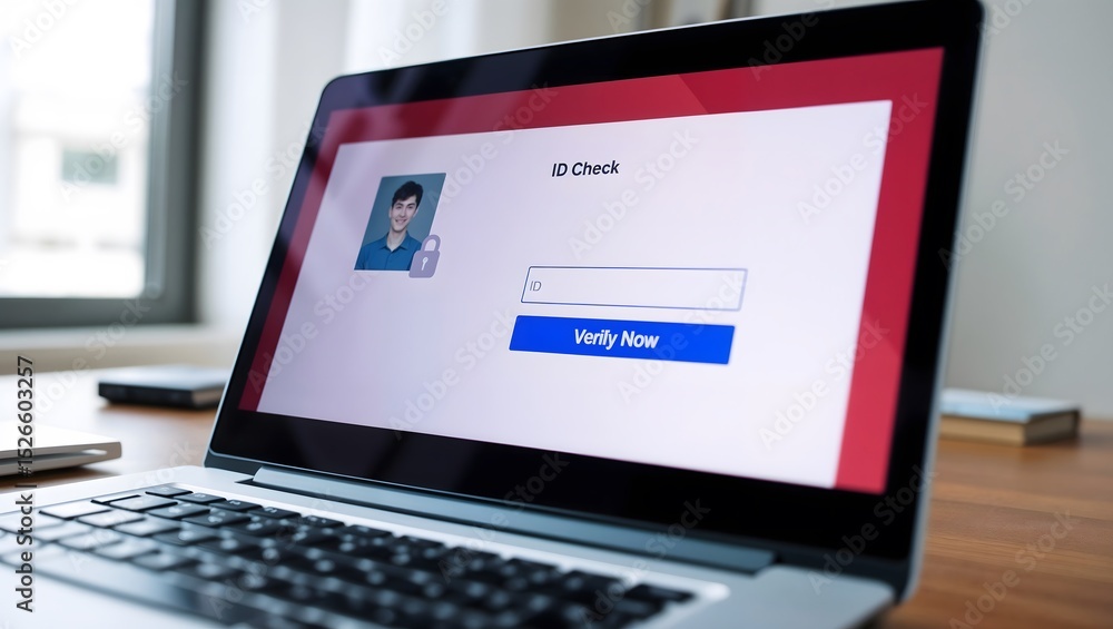 Poster identity verification request on screen with laptop in office setting