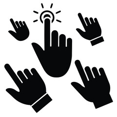 Obraz premium Five black hand icons, one pointing at a button, isolated on white background