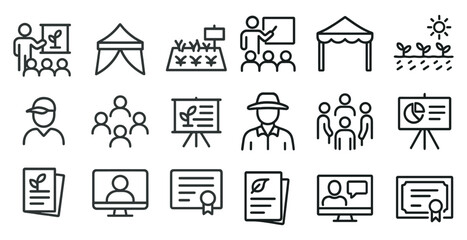 Agricultural education and training icons for farm workshops and presentations