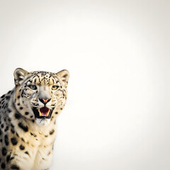 Fototapeta premium Snow Leopard on White Background, Space for Text, Majestic Wild Cat Portrait