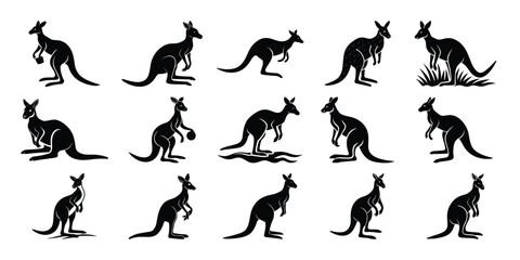 Black Kangaroo Silhouettes Collection – Australian Marsupial Vector Art