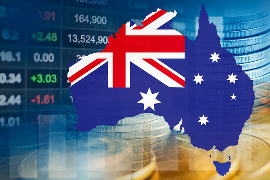Australia flag with stock market finance, economy trend graph digital technology.