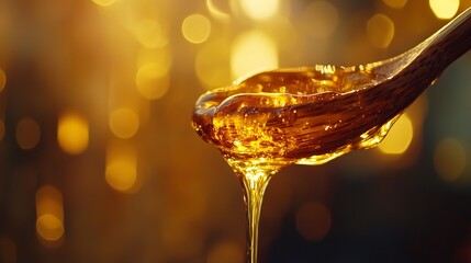 Delicious golden honey dripping from a wooden spoon close up shot for food and health product imagery