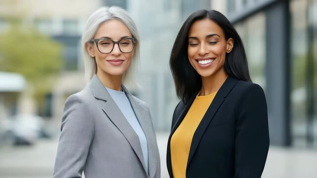 Two women in business attire stand next to each other on a sidewalk. One woman is wearing a black jacket and the other is wearing a yellow jacket