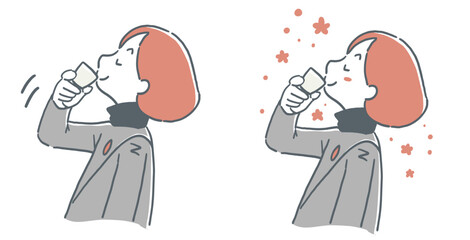 お猪口でお酒を飲んでいる様子の女性のイラスト　セット