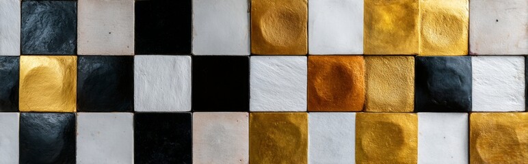 Gold, white, and black glossy ceramic tiles arranged in a vibrant checkerboard layout