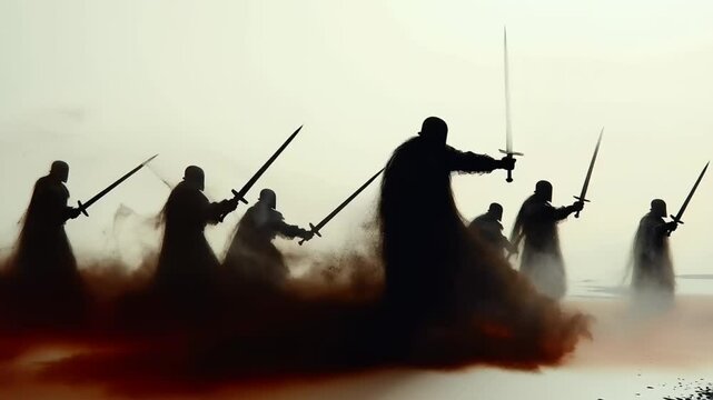 Silhouetted warriors on horseback charging through fog-laden battlefield
