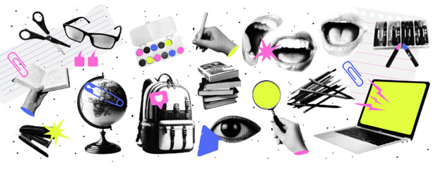 Trendy school elements and stationery paper cut outs halftone collage elements for media design. Backpack, globe, laptop, books, hand, pencil, eye. Vector collage on the theme of study, university.
