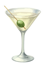 Classic dry martini cocktail watercolor illustration with olive garnish. Vector isolated on white background. Perfect for bar menu design, elegant drink promotion, and cocktail-themed projects.