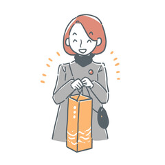 酒瓶入りのおみやげ袋を持って笑っている女性のイラスト