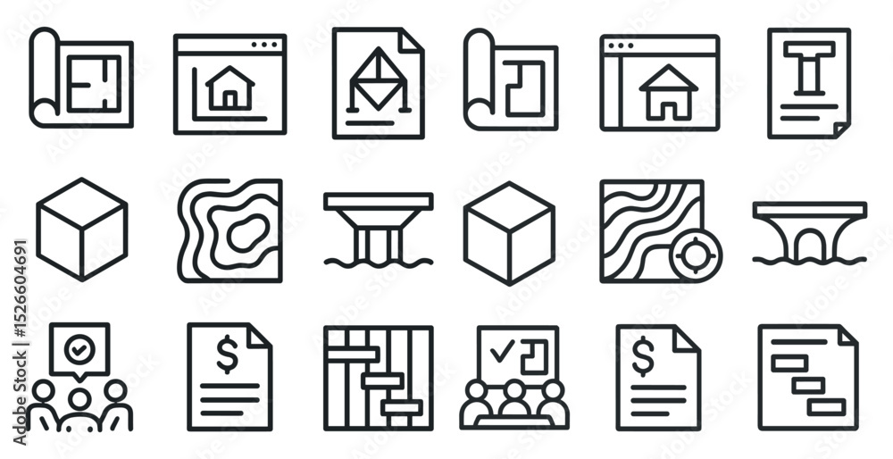 Poster architectural blueprint icons set for design and planning projects